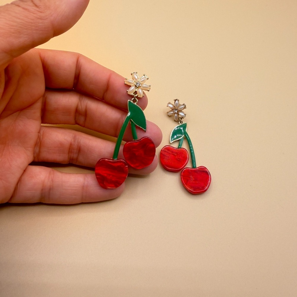 Red Cherry Dangle Earrings Pearl Flower Green Enamel Coquette Statement Gift - Picture 13 of 15
